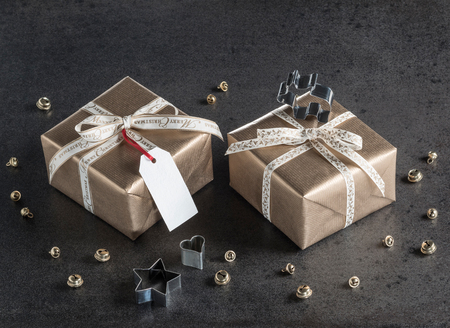 Christmas presents, gift tag, bells, christmas decorationsの写真素材