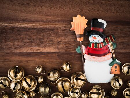 Christmas, bells on wood, christmas decoration, snowman, copy spaceの写真素材