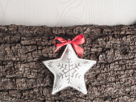 Christmas decoration, star on barkの写真素材