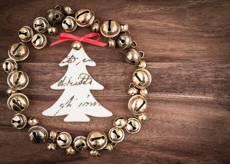 Christmas, bells on wood, christmas decoration, tree from feltの写真素材