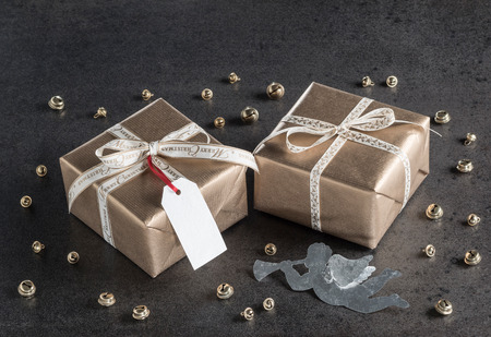 Christmas presents, gift tag, christmas decorations, bells and angelの写真素材