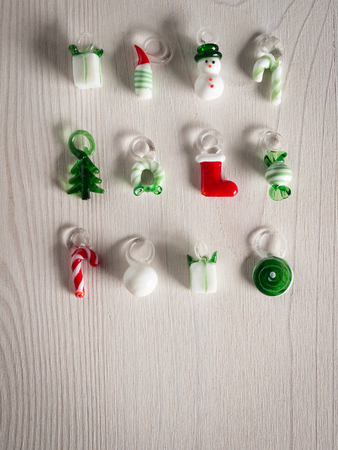 Christmas decorations of glass on wood, copy spaceの写真素材