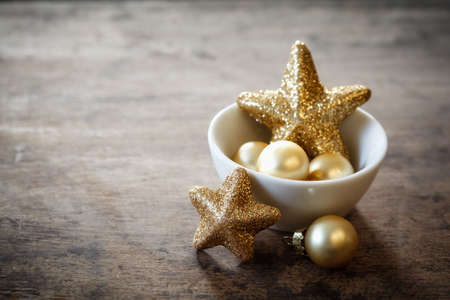 Christmas decorations in bowl, copy spaceの写真素材