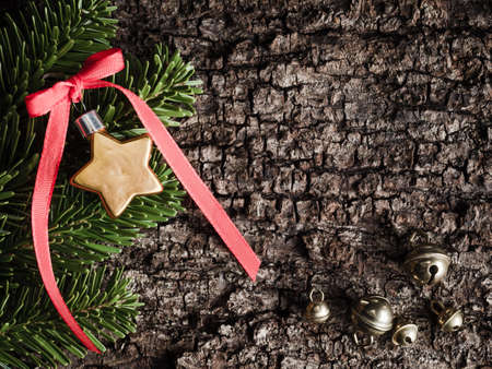 Christmas decoration on bark, evergreens, starの写真素材
