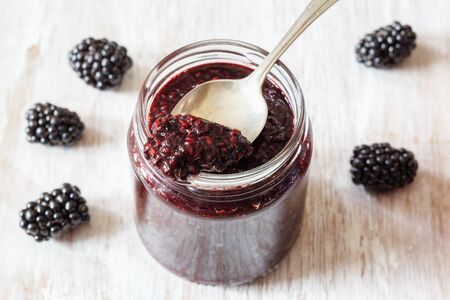 Blackberry jam with chia seeds in glassの写真素材