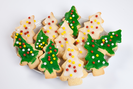 Christmas plate, Christmas cookies, white backgroundの写真素材