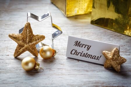 Christmas still life on wood, place card, Merry Christmasの写真素材