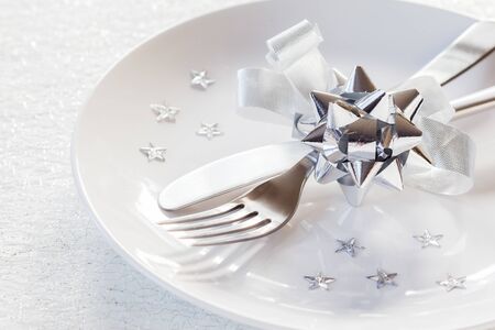 Christmas time, decorated plate, cutleryの写真素材