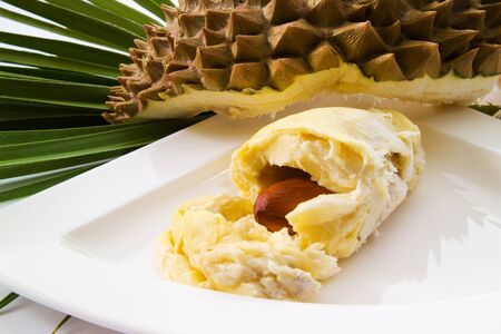 Durian fruit on plateの写真素材