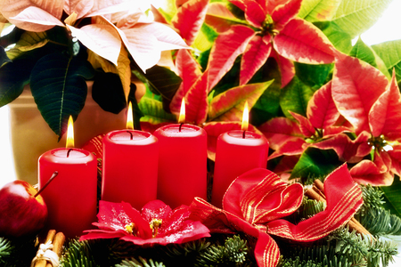 Christmas floral arrangement with red candelsの写真素材