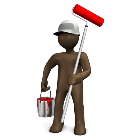 Painter manikin with paint roll and bucket with red paint, 3D renderingの写真素材