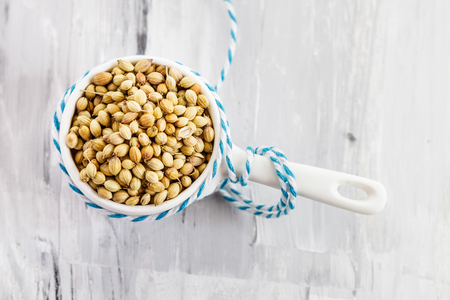 Coriander seeds (Coriandrum sativum) in small bowlの写真素材