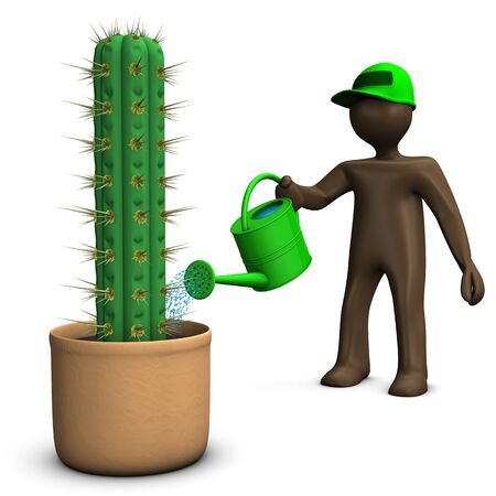 Gardener manikin watering cactus with can, white background, 3D renderingの写真素材