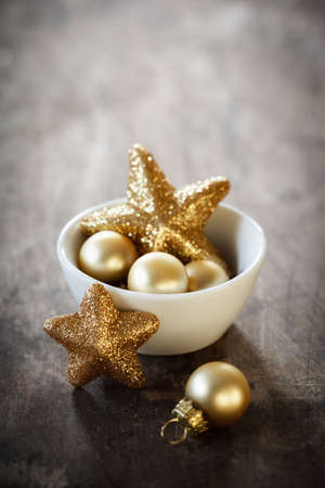 Christmas decorations in bowl, copy spaceの写真素材