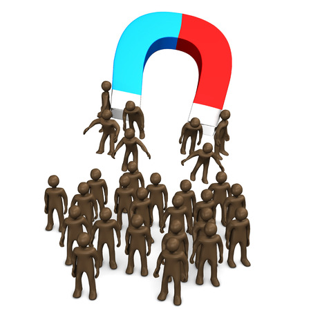 Magnet attracting manikins, white background, 3D renderingの写真素材