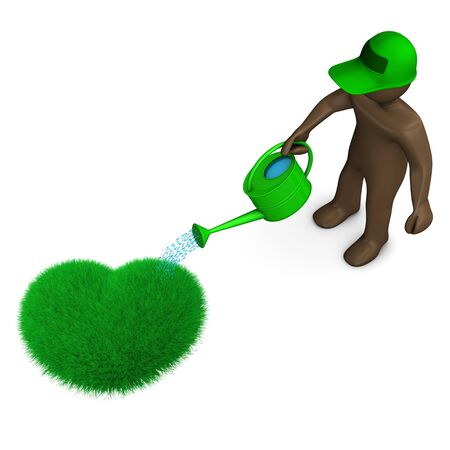 Gardener manikin watering grass heart with can, white background, 3D renderingの写真素材