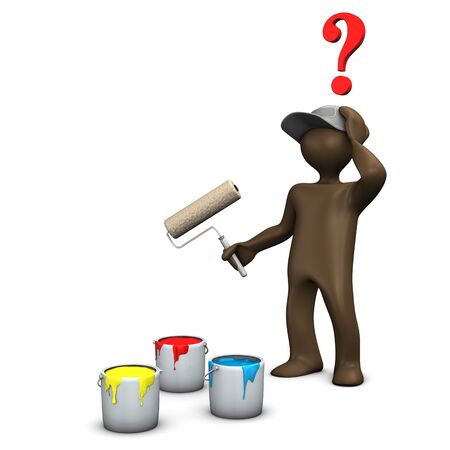 Painter with paint roll and pint buckets having question mark over his head, 3D renderingの写真素材