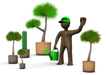 Gardener manikin watering plants with can, white background, 3D renderingの写真素材