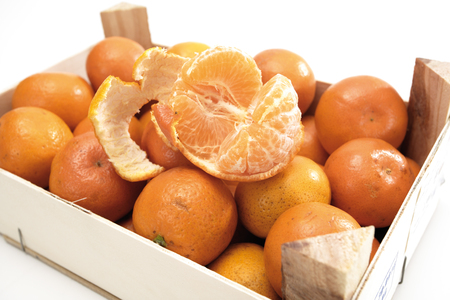 Box with tangerines, elevated viewの写真素材