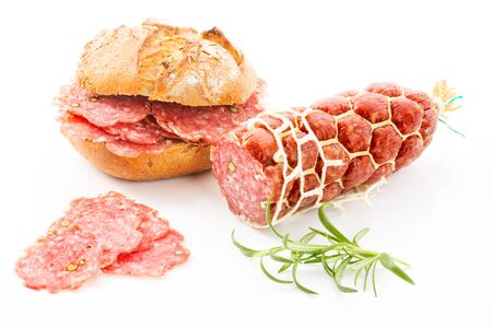 Pepper salami, bread rollの写真素材