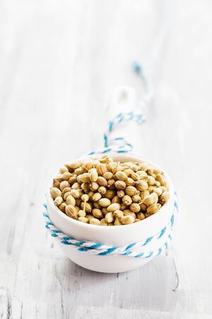 Coriander seeds (Coriandrum sativum) in small bowlの写真素材
