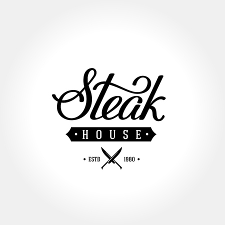 Steak house emblem with crossed knives. Handwritten calligraphy. Vector illustration.のイラスト素材