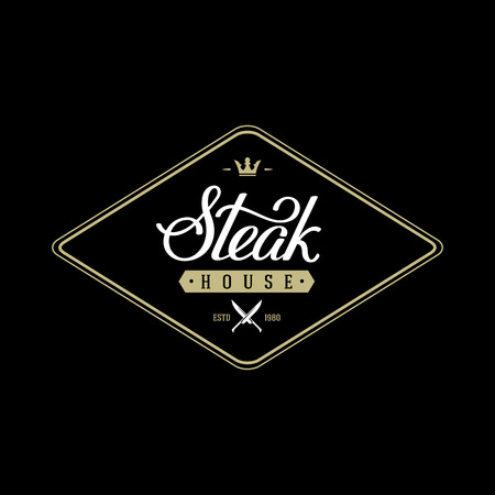 Steak house emblem with crossed knives. Handwritten calligraphy. Vector illustration.のイラスト素材