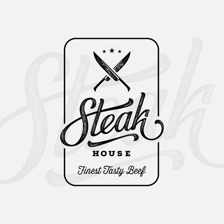 Steak house emblem with crossed knives. Handwritten calligraphy. Vector illustration.のイラスト素材