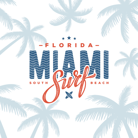Miami beach Florida tee print with palm tree. T-shirt design, graphics, stamp, label, typography.のイラスト素材