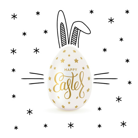 Happy Easter greeting card with black hand-drawn rabbits ears and realistic egg. Lettering, sketch. Vector illustrationのイラスト素材