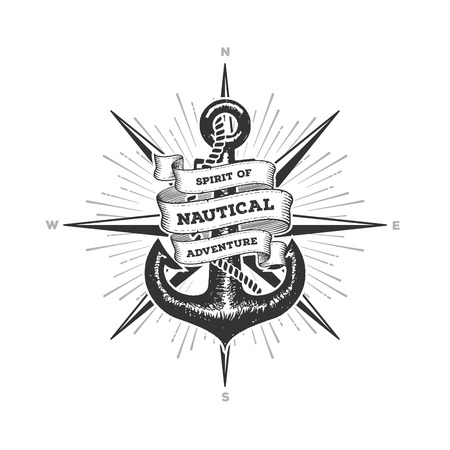 Nautical typography emblem with anchor, compass, ribbons and inspirational quote Spirit of Adventure . Elegant t-shirt design, marine label or poster illustration. Vector Illustrationのイラスト素材