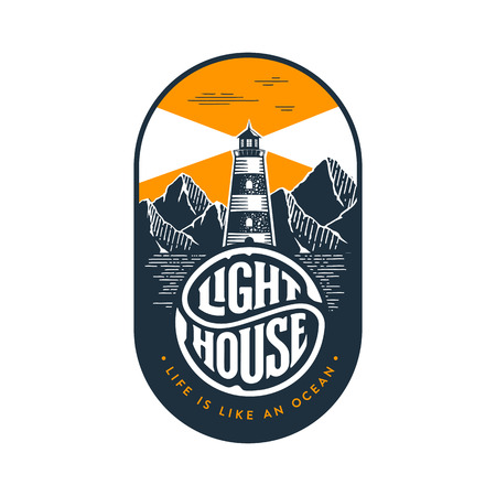 Lighthouse emblem in Vintage Style for Logo or Badge with lighthouse and inspirational typography Life is like an Ocean . Vector illustration.のイラスト素材