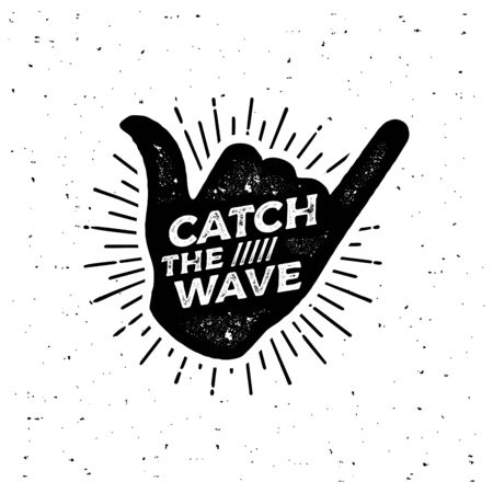 Catch the wave. Surfing lettering shaka print vector for flayer, poster or t-shirt print.のイラスト素材