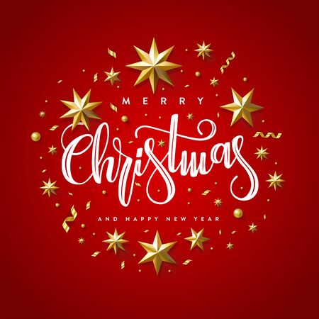 Merry Christmas and happy New Year. Christmas greeting card Decorated with Golden Stars and Beads on red Background. Vector illustrationのイラスト素材