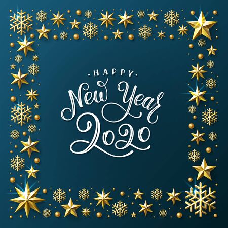 Happy New Year 2020. Lettering composition in a square frame of golden stars, snowflakes and sparkles. Vector illustration.のイラスト素材