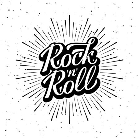 Rock'n'Roll lettering. Monochrome hipster vintage label , badge Rock'n'Roll for poster , flayer or t-shirt print with starburst and ray. Vector illustrationのイラスト素材