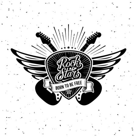Rock star lettering with guitar, wings, plectrum and ribbon born to be free . Slogan graphic for t shirt or tattoo. Vector illustrationのイラスト素材