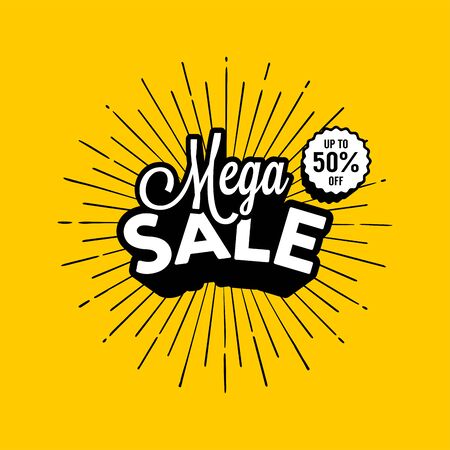 Mega Sale banner. Special offer, big sale, discount up to 50% off. Lettering made in cartoon style. Template for card, poster, banner, print for t-shirt. Vector illustrationのイラスト素材