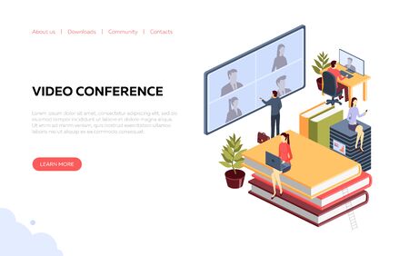Videoconference isometric banner. Illustration on the topic of video conferencing, online learning. Concept for the development of sites and mobile sites. Vector illustrationのイラスト素材