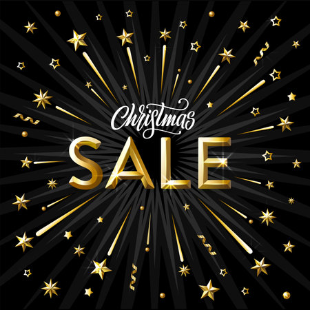 Christmas sale. Golden stars, snowflakes foil flyer, poster, shopping, for selling sign, discount, shoping banner Vector Illustrationのイラスト素材