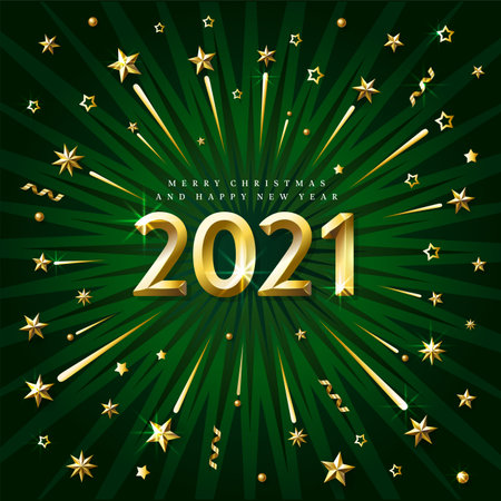Happy new year golden 2021 on green backgroundの写真素材
