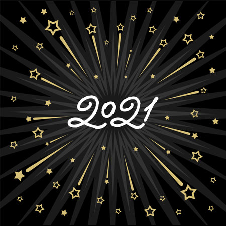 New Year's poster with the inscription 2021. Festive card with fireworks, stars and confetti. Vector illustration.のイラスト素材