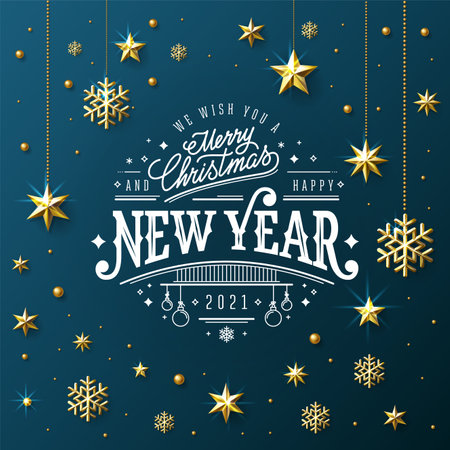 New Year 2021 lettering with Golden stars Vector Illustration.の写真素材
