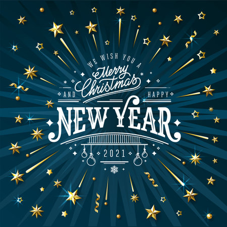 Merry Christmas and Happy New Year blue vector illustrationの写真素材