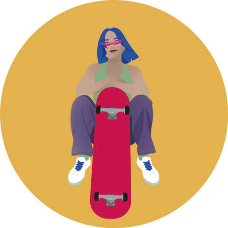 Vector illustration girl with skateboardのイラスト素材