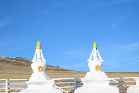Buddhist stupa religious place for praying made of stone. White statues in autumn winter seasonの写真素材