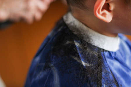 Hairdresser cuts hair of a child in a beauty salon.
