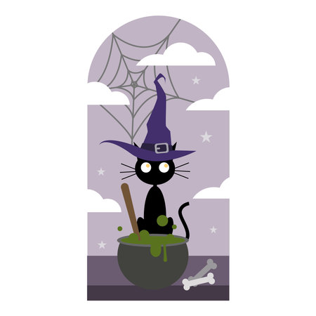 Cute black cat wearing witch hat is stirring magic potion. Perfect for your Halloween design elements. Make sure to download another collection of doodle monsters. enjoyのイラスト素材