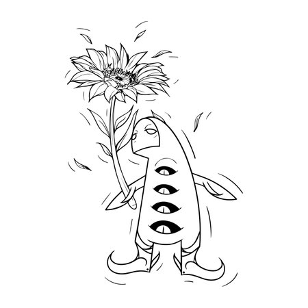 Funny monster with sunflower. Vector illustration for coloring book.のイラスト素材