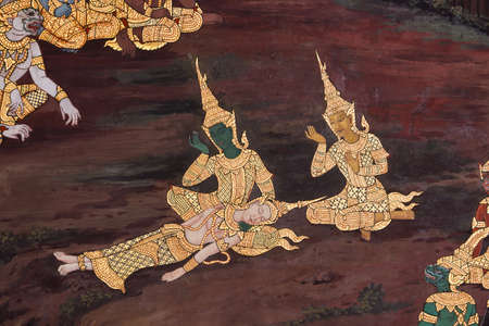 traditional thai style painting on temple wall